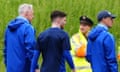 Andy Robertson (centre) leaves Scotland’s training session at their Garmisch-Partenkirchen base on Monday early alongside members of Scotland’s backroom team