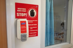 A hand sanitiser station on ward 30.