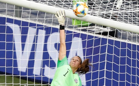 Chile’s keeper Christiane Endler pushes the ball over the bar.