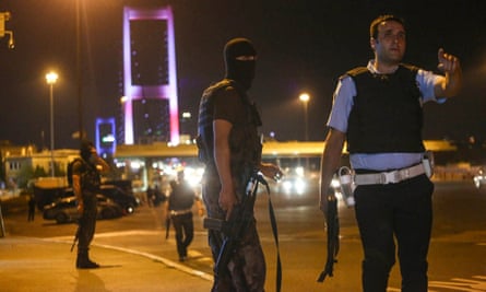 Turkish soldiers block Istanbul’s Bosphorus Bridge in Istanbul.