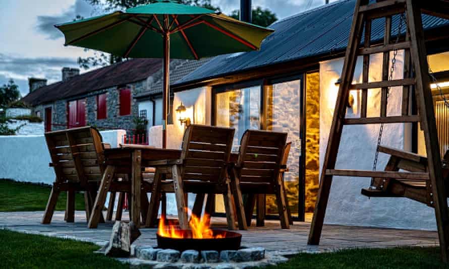 Patio with firepit, evening