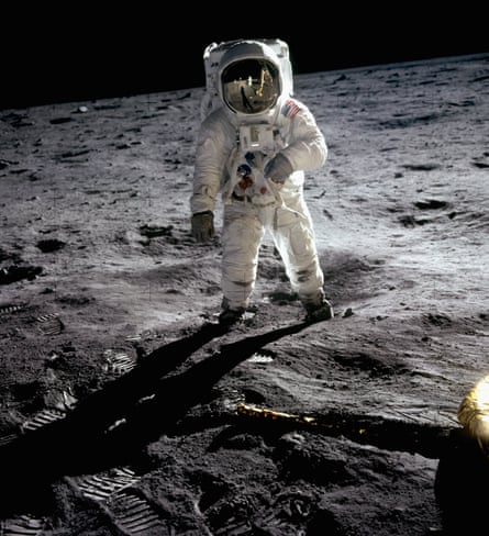 Buzz Aldrin walking on the moon at Tranquillity Base, 20 July 1969. Aldrin and fellow astronaut Neil Armstrong spent two and a half hours on the lunar surface, setting up experiments and collecting rock samples.