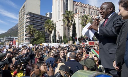 South African President, Cyril Ramaphosa, addresses protesters outside parliament in Cape Town.