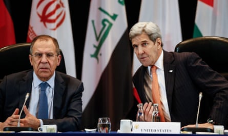 The Russian foreign minister, Sergei Lavrov, and the US secretary of state, John Kerry, at the talks in Munich.