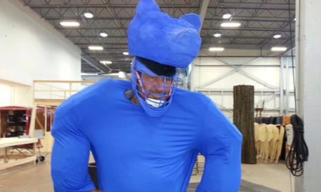Glenn Ennis wears the blue bear suit used in The Revenant.