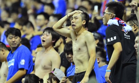 Shanghai Shenhua fans during their dramatic 8-7 penalty shoot-out victory over local rivals Shanghai SIPG in last month’s Chinese Cup quarter-finals.