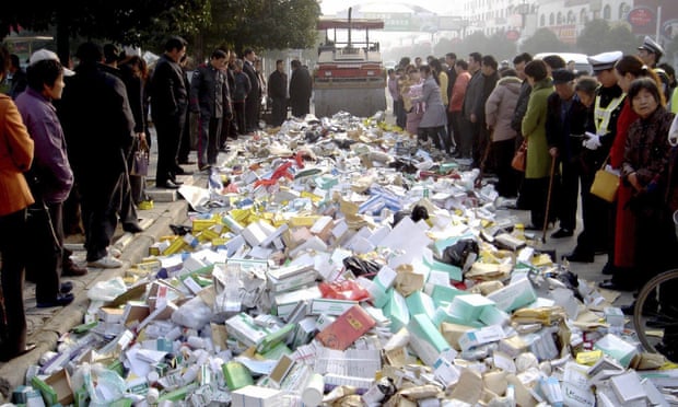 A steamroller destroys fake medicines in Suqian, east China