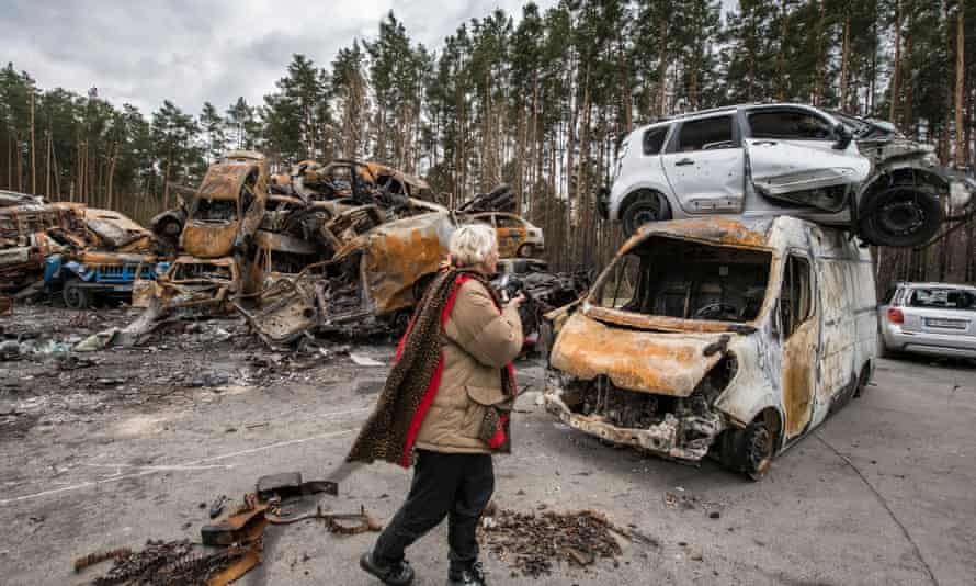 Vehicles destroyed in combat during the Russian invasion of Ukraine, compiled on the outskirts of the city Irpin, Ukraine, April 18, 2022