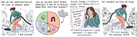 A series of cartoon images of a woman trying to tackle dust in her home., panel 1