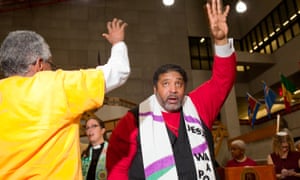 Rev Dr William J Barber II at the Poor People’s Campaign mass meeting at Wayne County Community College.