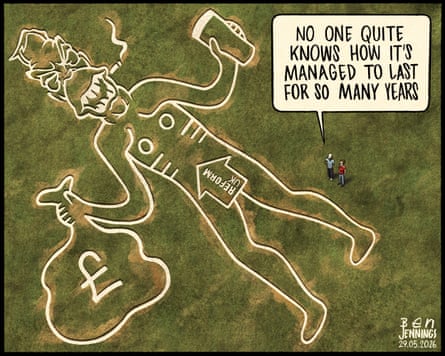 The Cerne Giant depicted as Nigel Farage, with an onlooker saying ‘no one quite knows how it’s managed to last for so many years’.