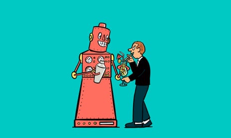 Illustration of a robot cocktail-maker supplying an impressed-looking human with its latest concoction.