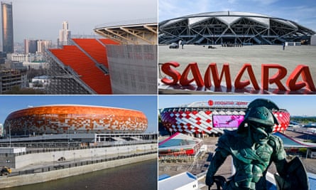 Clockwise from top left: Central Stadium in Ekaterinburg; Samara Arena; Spartak Stadium in Moscow; Mordovia Arena in Saransk.