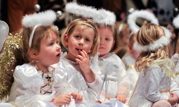 Children dressed as angels perform in a primary school nativity play - abolishing religious teaching in education has been found to significantly reduce religiousness in the population as a whole.