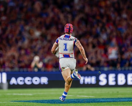 Kalyn Ponga of the Knights breaks away and runs the field