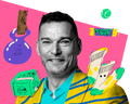Fred Sirieux in a striped yellow and blue polo shirt, surrounded by colourful illustrated food items.