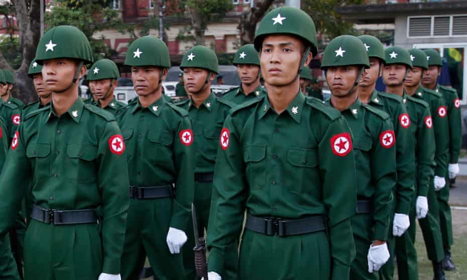 Myanmar soldiers standing in rows
