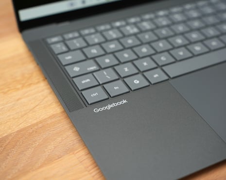 The Googlebook logo on the deck of a Asus Googlebook 14 laptop.