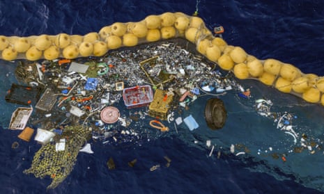 Plastic retained in front of an extended cork line in the Pacific ocean. A Dutch inventor says that after setbacks his system for catching plastic floating in the Pacific between California and Hawaii is now working. 