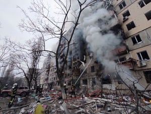 The nine-storey residential apartment building reportedly caught fire from Russian shelling after 5am.