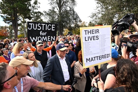 Australian Prime Minister Anthony Albanese attends a rally to a call for action to end violence against women, in Canberra, Sunday, April 28, 2024.