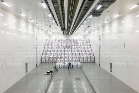 A man stands in a huge white and grey room dwarfed by enormous white sacks stacked at one end.