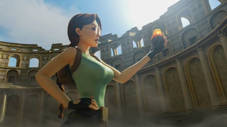 Lara Croft holds aloft a gemstone in Tomb Raider: Chronicles