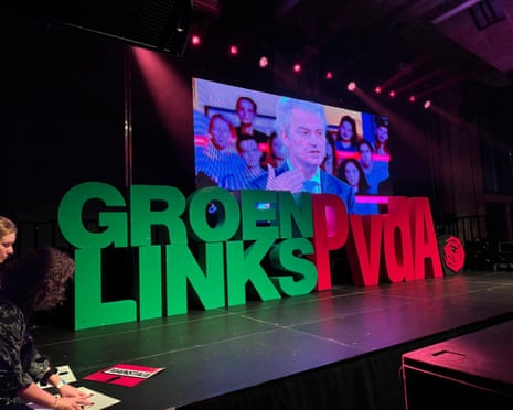 Far-right firebrand Geert Wilders shown on a TV during a GroenLinks/PvDA election night in Rotterdam.