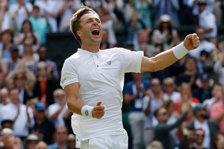 Liam Broady of Great Britain celebrates winning match point against No 4 seed Casper Ruud