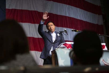 Andrew Yang, a 2020 presidential candidate, speaks during the Democratic Wing Ding event in Clear Lake, Iowa, on 9 August 2019. 