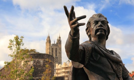 The statue of King Ethelbert stands outside Canterbury Cathedral, Kent.