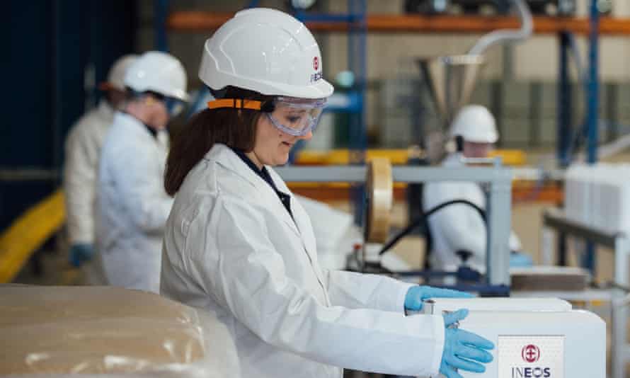 A worker at chemicals giant Ineos’s new hand sanitiser plant at Newton Aycliffe, near Middlesbrough, which is to produce one million bottles a month.