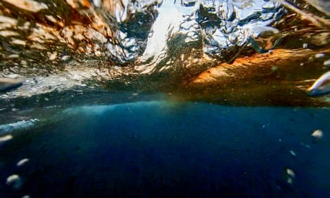 oil-polluted water seen from below the surface