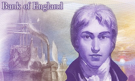A detail of artwork used on a £20 note showing Turner in front of a representation of his painting The Fighting Temeraire, in which a steam tug tows a sailing ship
