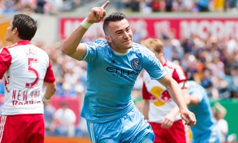 Jack Harrison of New York City FC celebrates after scoring a goal during the match v New York Red Bulls at the Yankee Stadium
