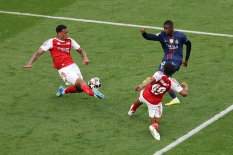 Ousmane Dembele’s shot is blocked by Gabriel.