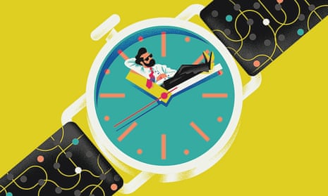 Illustration of man leaning back on watch face