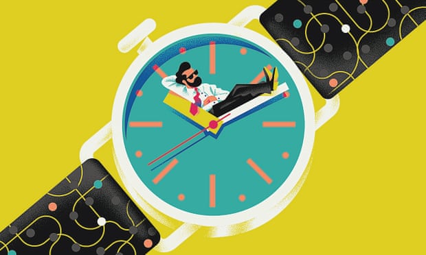 Illustration of man leaning back on watch face