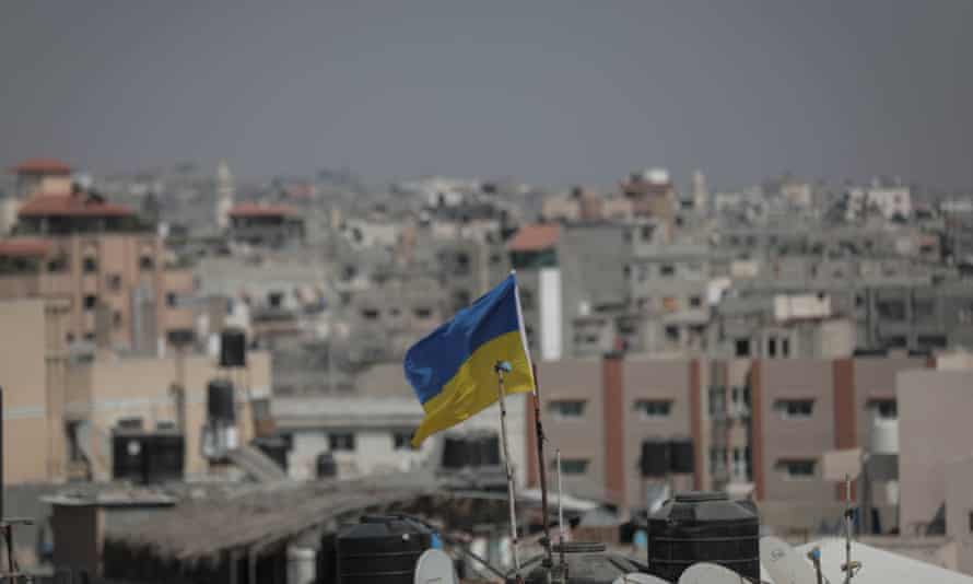 Ukrainian flag raised on one of the rooftops of Gaza City.