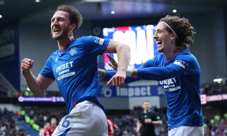 Rangers’s Ben Davies celebrates after scoring his team's second goal against Kilmarnock