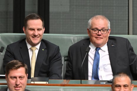Liberal MP Alex Hawke and former prime minister Scott Morrison during question time