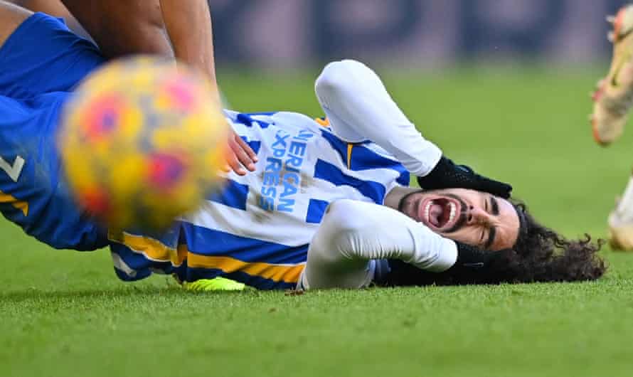 Brighton’s Marc Cucurella goes down against Aston Villa at the Amex Stadium in a game which the visitors won 2-0.