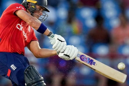 England’s Jacob Bethell hits a third six in a row from the bowling of West Indies’ Roston Chase