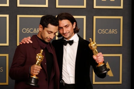 Aneil Karia and Riz Ahmed with their Oscars for The Long Goodbye in 2022.