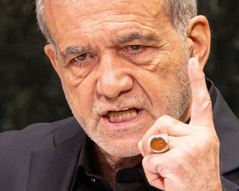 Iranian president Masoud Pezeshkian gestures emphatically as he addresses the General Debate of the 81st session of the United Nations General Assembly.