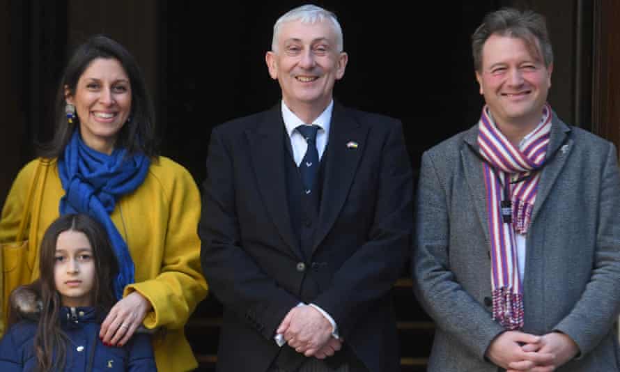 Nazanin Zaghari-Ratcliffe (left) poses in London alongside the Speaker of the House of Commons, Lindsay Hoyle (centre), her husband Richard Ratcliffe, and their daughter, Gabriella