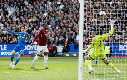 Leeds United's Ao Tanaka scores their first goal at West Ham