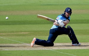 England captain Eoin Morgan sweeps a shot to the boundary.