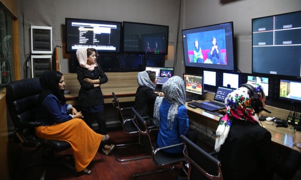 Producers in the editing room of Afghanistan’s first women’s TV channel, Zan TV