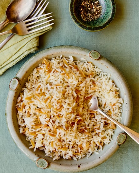 Ozlem Warren’s ‘Arpa şehriyeli pilav’ – or Turkish-style rice pilaf with orzo. With a little finger bowl of spices nearby. And some forks. And a spoon.
